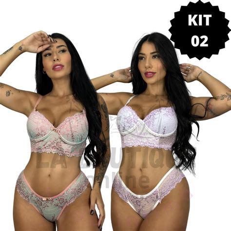 KIT 02 Conjuntos Lingerie Renda Luxo Bicolor Bojo Calcinha e Soutien Moda Íntima Antonella