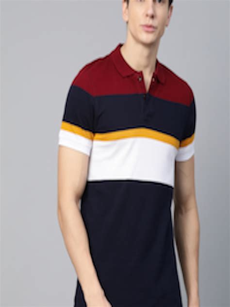 Buy Roadster Men Navy Blue White Striped Polo Collar Pure Cotton T Shirt Tshirts For Men