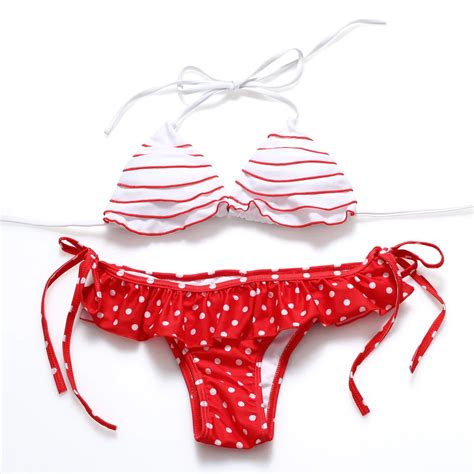 Red Summer White Ruffles Swimsuit Women Striped Two Piece Bikini Set One Off Shoulder Swimwear
