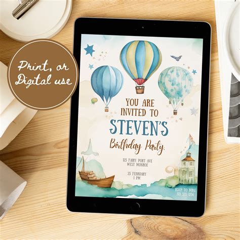 Hot Air Balloon First Birthday Invitation Watercolor Birthday Invite First Birthday Party