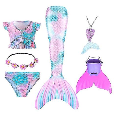 Sommarflicka Sjöjungfru Svans Med Monofin Halloween Kostym Prinsessa Klänning Baddräkt Bikini