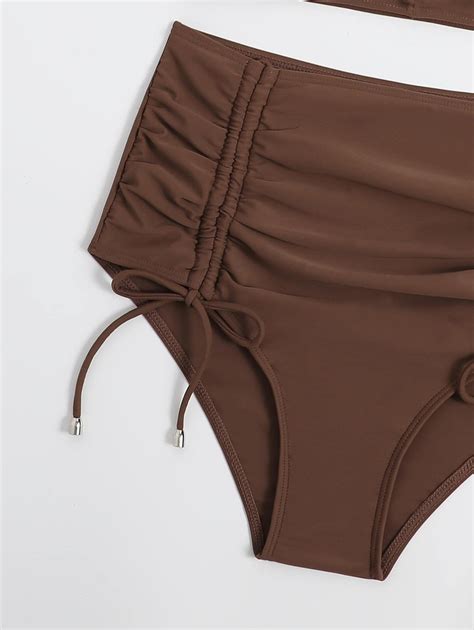 Mono Tankini Set Cut Out Ruched Halter Top Drawstring High Waist Bikini Bottom Piece