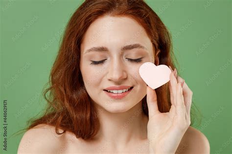 Beautiful Half Naked Topless Redhead Woman S Do Nude Make Up Apply Foundation By Heart Shape