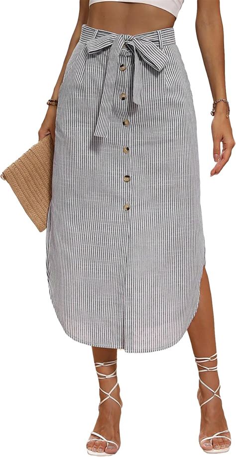 Amazon Sweatyrocks Women S Striped Print Belted Skirt Button Front