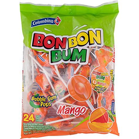 Colombina Bon Bon Bum Mango Bubble Gum Lollipops Pack Of 24 Bubble Gum