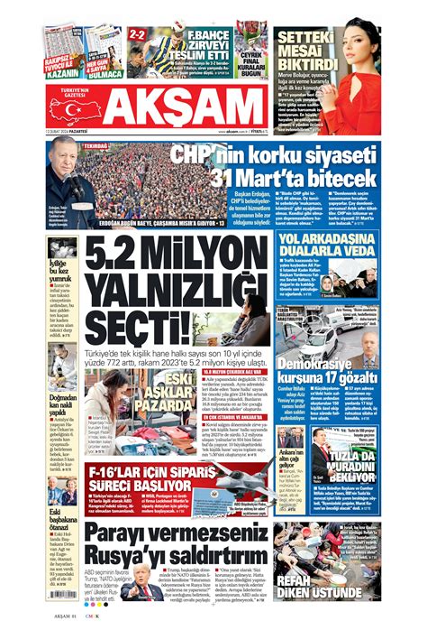 Akşam Gazetesi 12 Şubat 2024 Pazartesi Günü Manşeti