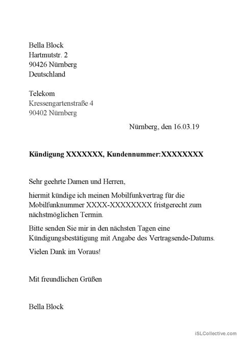 Brief Kündigung Mobilfunkvertrag mi Deutsch DAF Arbeitsblätter pdf doc