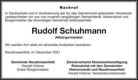 Traueranzeigen Von Rudolf Schuhmann Nordbayerischer Kurier