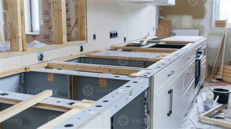 A modular kitchen being assembled with prefabricated cabinets