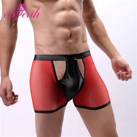 Red Sexy Mesh Openable Crotch Imitation Leather Underwear Men Boxer Briefs Bikini Thongs And G