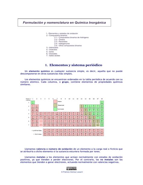 Formulación Y Nomenclatura En Química Inorgánica 1 Elementos Y