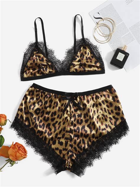 Leopard Lace Trim Satin Lingerie Set