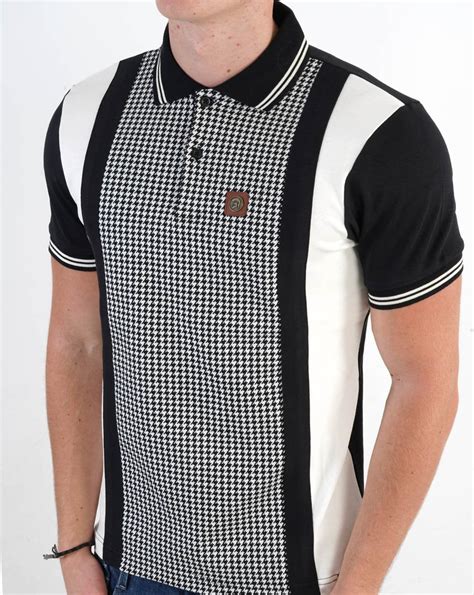 Trojan Mono Houndstooth Panel Polo Black 80s Casual Classics