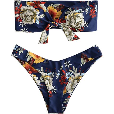 Mo Finance Zaful Women S Floral Print Bandeau Bikini Set High Cut Strapless Knot Front