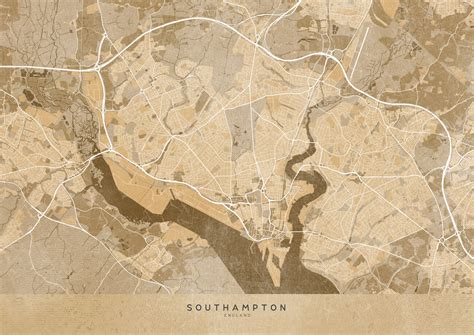 Wall Art Print Map Of Southampton England In Sepia Vintage Style