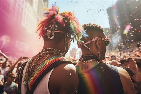 Feliz pareja gay celebrando en el desfile del orgullo lgbtq en nueva york ee uu celebración