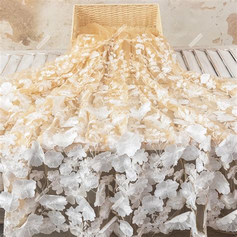 Nude Mesh White D Flower Lace Embroidery Floral Fabric Oneyard