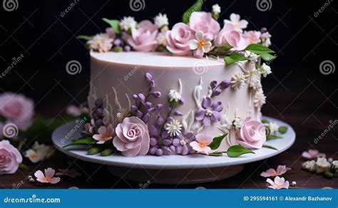 Birthday Cake with Icing, Decorated with Flowers Stock Image - Image of ...