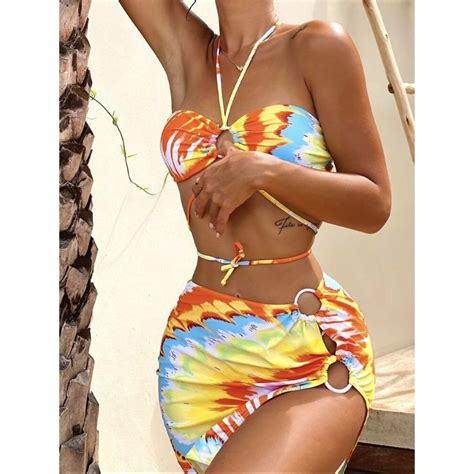 Three Piece Bikini Swimsuit With Bright Tropical Floral Patterns Simple Design Attractive