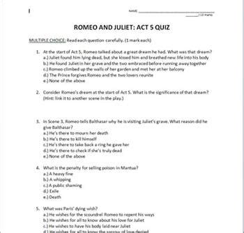 Romeo And Juliet Act 5 Quiz With Answer Key By A Cat In High School