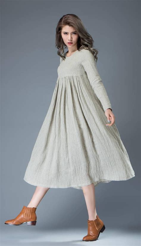 Buy Casual Linen Dress Light Gray Pleated Dress Mid Length Long Online