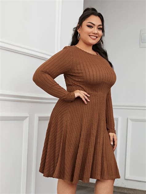 Shein Plus Ribbed Long Sleeve Fit And Flare Dress Shein Usa