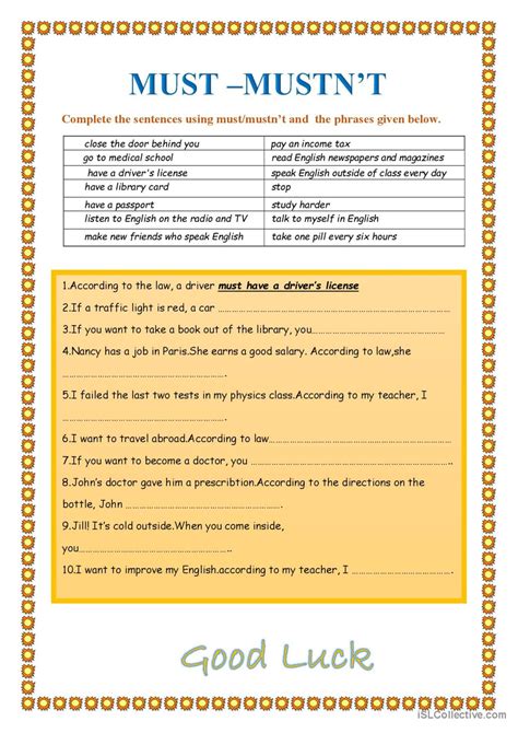 MUST MUSTN T English ESL Worksheets Pdf Doc