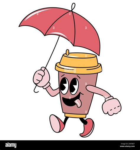 Vector Groovy Cartoon Coffee Cup Character Holding A Red Umbrella With