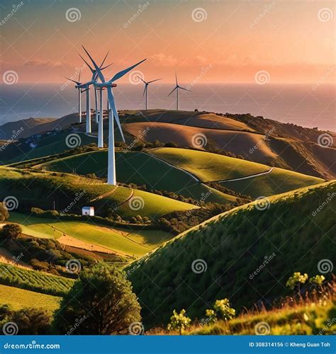 Wind Turbines On Green Hills Scenery Renewable Eco Friendly Wind