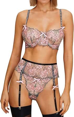 Amazon Moxy Intimates Sexy Three Piece Lingerie Set With Garter Belt Pink And Black