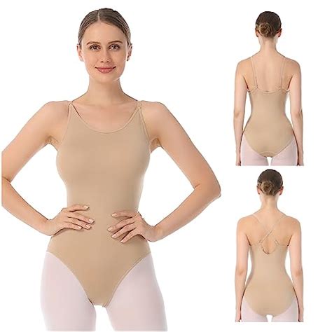 NIMONI Women And Girls Nude Dance Camisole Leotard With Adjustable Transparent Straps Beige