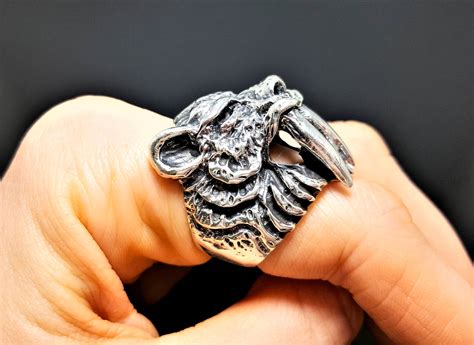 STERLING SILVER 925 Tiger Ring Saber-Toothed Tiger Fangs Big Cat Large ...