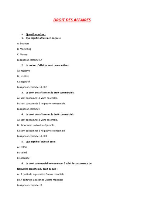 Qcm Droit Des Affaires Ac Droit Des Affaires Questionnaires Que