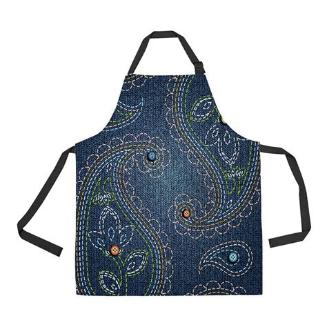 Abphqto Texture Denim Fabric Buttons Embroidery Paisley Apron Home