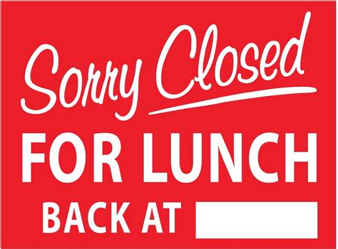 Sorry Closed For Lunch Back At Sign Metal Tin Sign 8x12 Inches Caution
