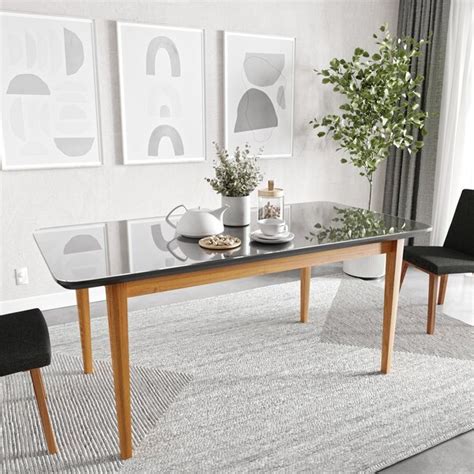 Mesa De Jantar 6 Lugares 1 80m Tampo Mdf E Vidro Pés Madeira Maciça