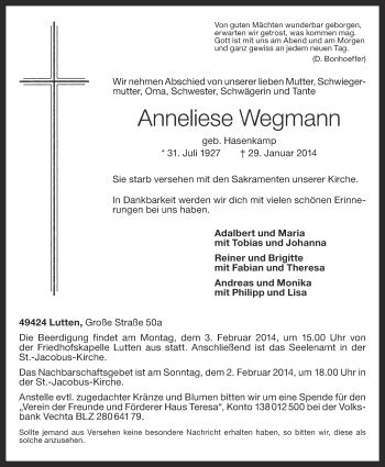 Traueranzeigen Von Anneliese Wegmann Om Trauer De