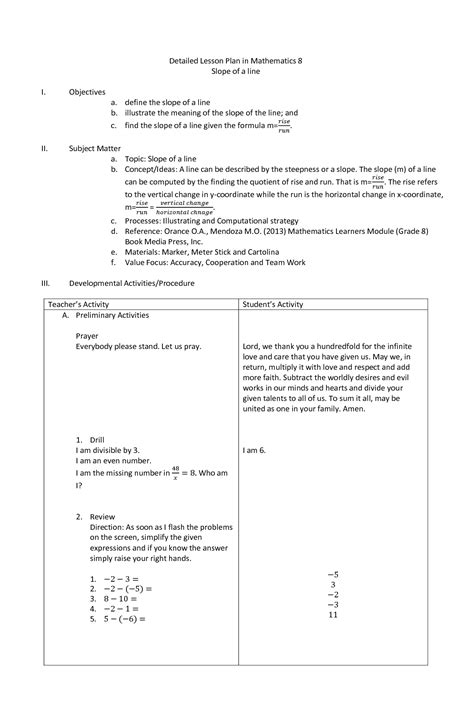 Solution Detailed Lesson Plan In Math 8 Slope Of A Line Studypool