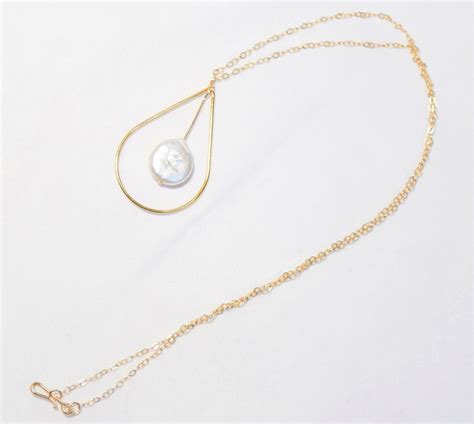 Pearl Teardrop Gold Pendant Necklace, Genuine natural white coin pearl