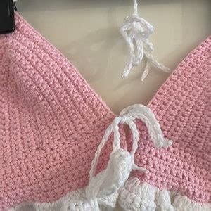 Y2k Inspired Pink Crochet Bralette Cute Tie Front Bikini Top With White Ruffles Boho Crop Tank