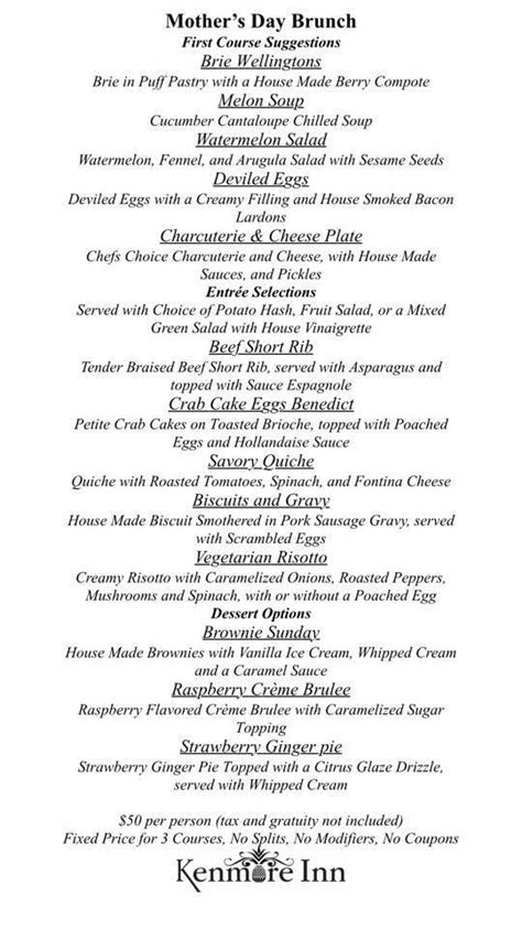 Menu at Kenmore Inn restaurant, Fredericksburg