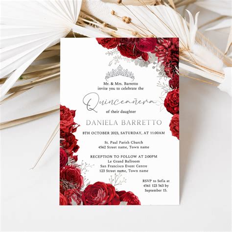 Red and Silver Quinceanera Invitation, Floral Quince Anos, 15th