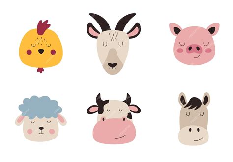 Premium Vector | Cute vector faces of farm animals