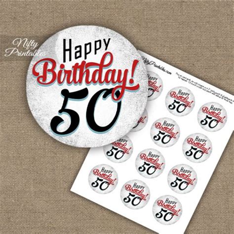 50th Birthday Cupcake Toppers Retro White Red Nifty Printables