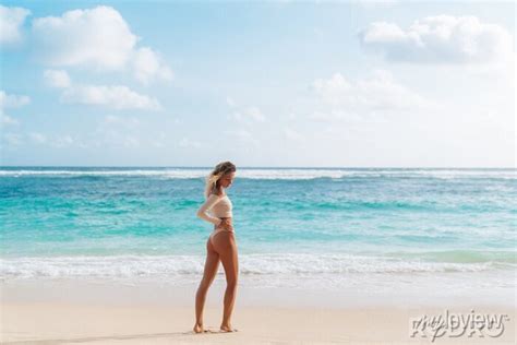 Backside View Of Girl With Sexy Booty In Beige Colour Bikini Wall Mural Murals Posing Breast