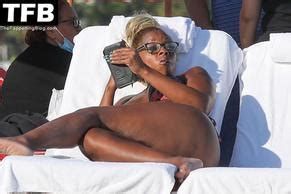 Mary J Blige Hits The Beach In A Patterned Two Piece Bikini AZNude