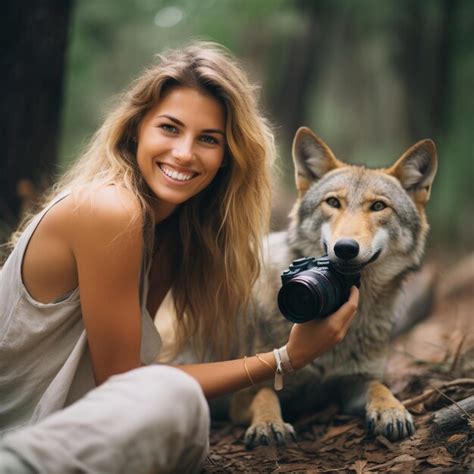 Premium Photo Blonde Woman With A Wolf In The Forest