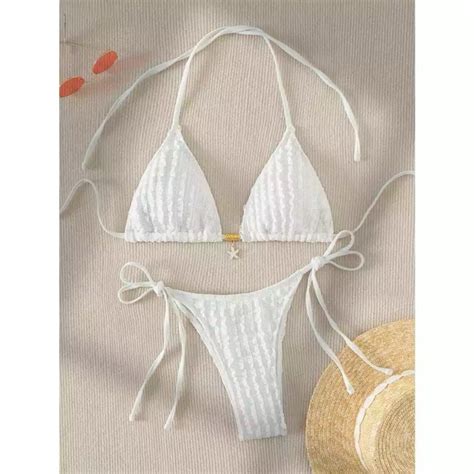 𝒫𝑒𝒶𝒸𝒽𝓎 𝒷𝒾𝓀𝒾𝓃𝒾 Bộ bikini trắng đính charm ngôi sao Tie Side Shopee Việt Nam
