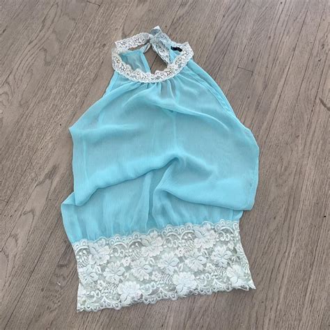 Vintage Sheer Blue Halter Neck Lingerie Lace Top Depop