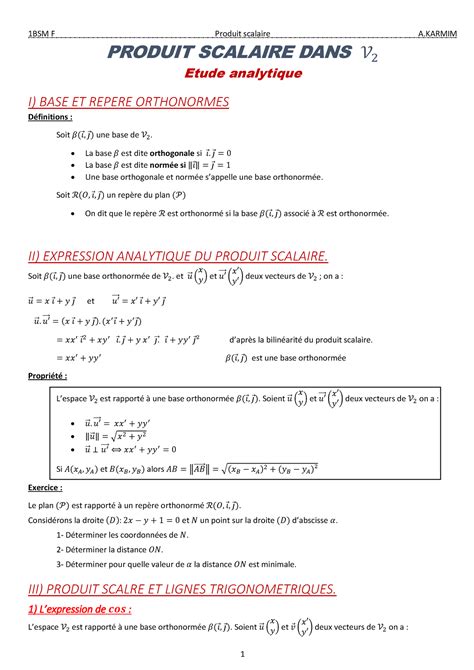 Le Produit Scalaire Dans Le Plan Cours Produit Scalaire Dans